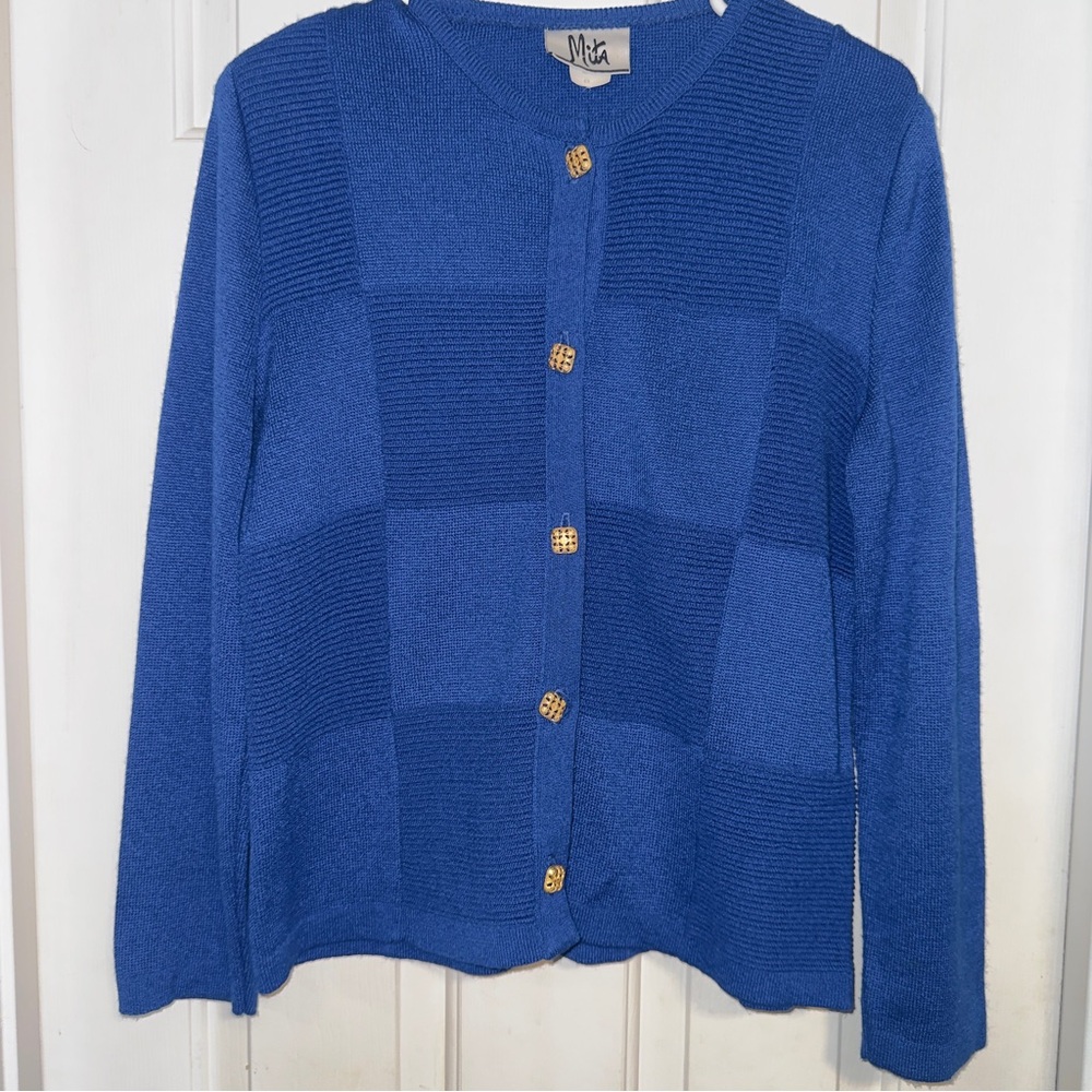 Vintage Mita Cardigan Knit Sweater Royal Blue. Sz 8 USA Made. Nautical Preppy.